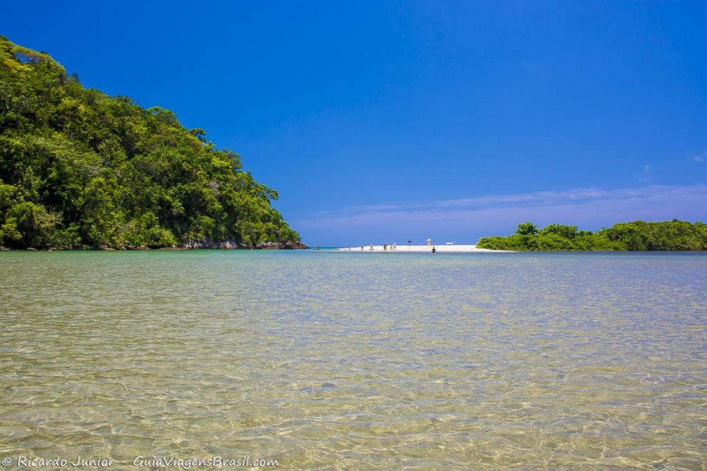 Imagem das águas  claras da piscina natural da Praia do Puruba.